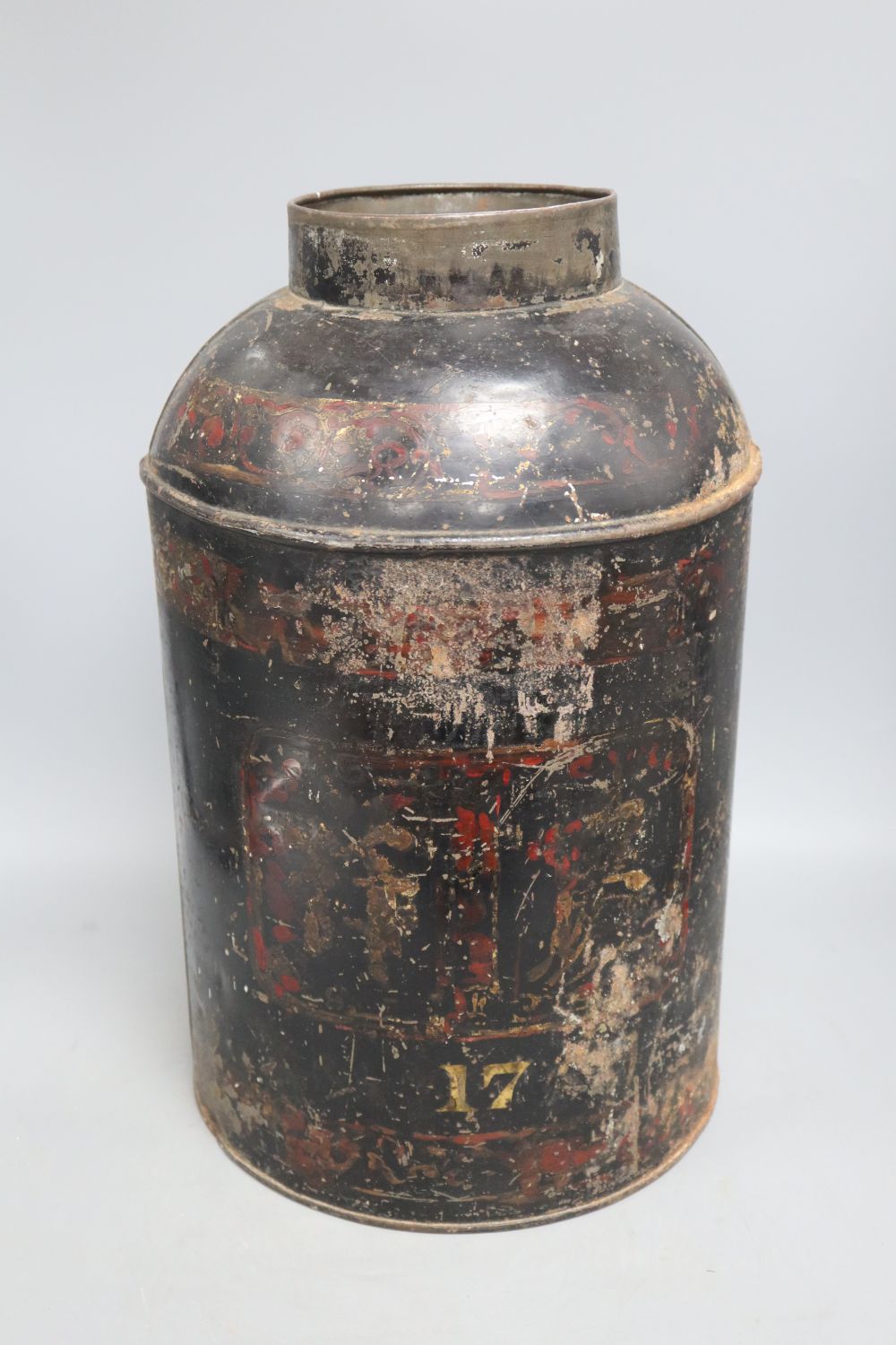 A George III toleware canister, height 43cm